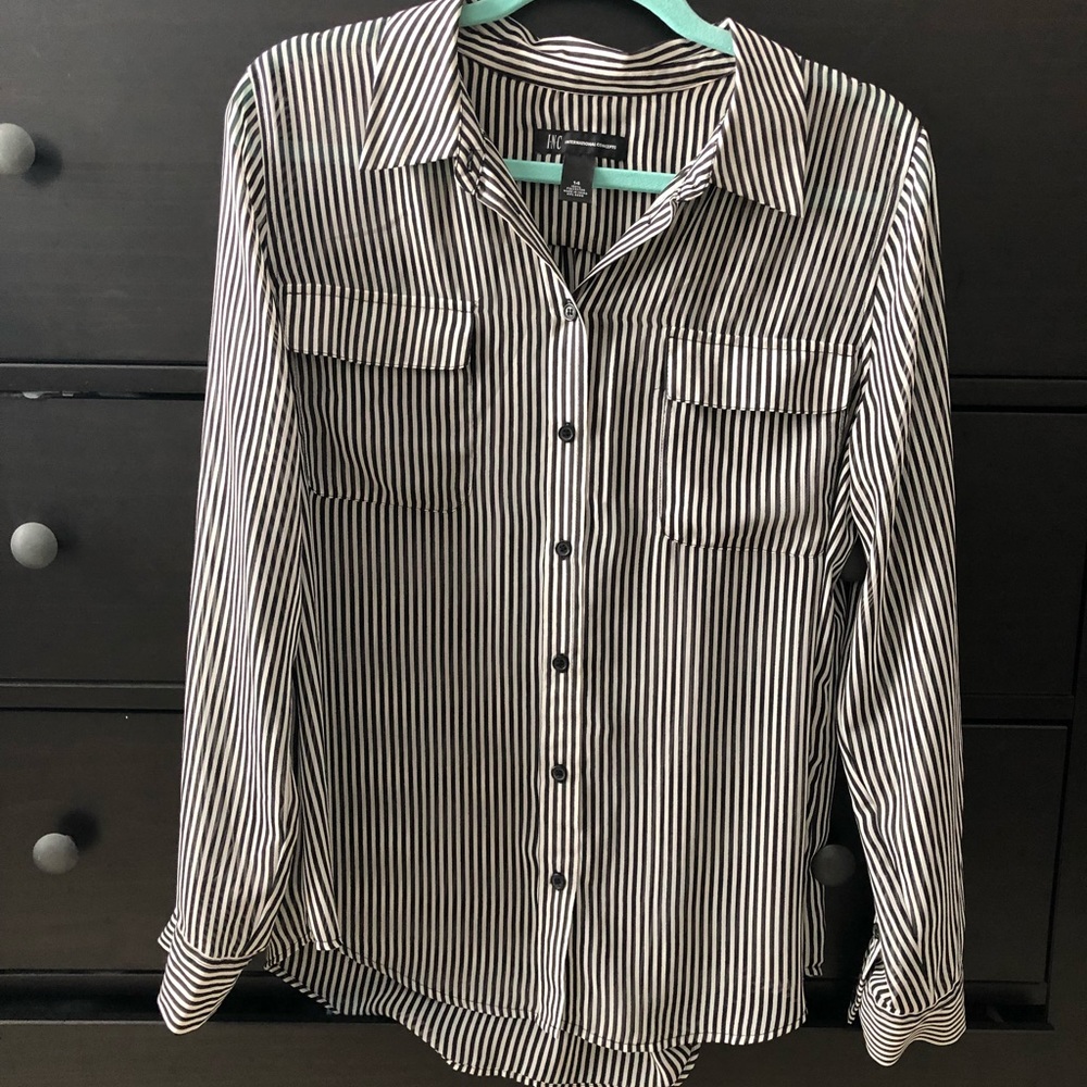 INC Sheer Striped Button Up Blouse